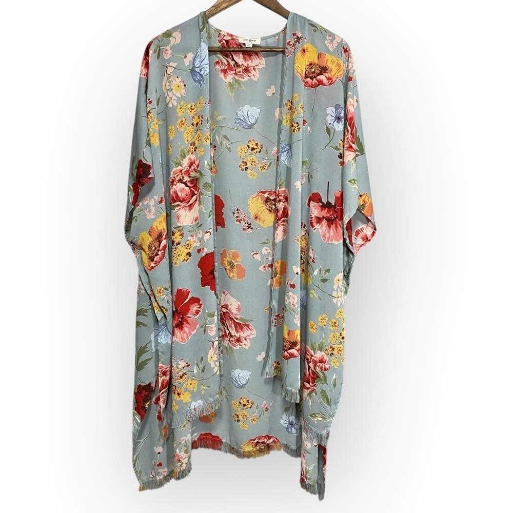 Umgee Green & Red Floral Kimono Size S/M | Boho Lightweight Layer Fall
